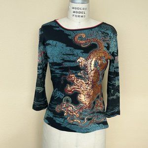 90s Y2K Aesthetic Metallic Dragon Asian Themed Top